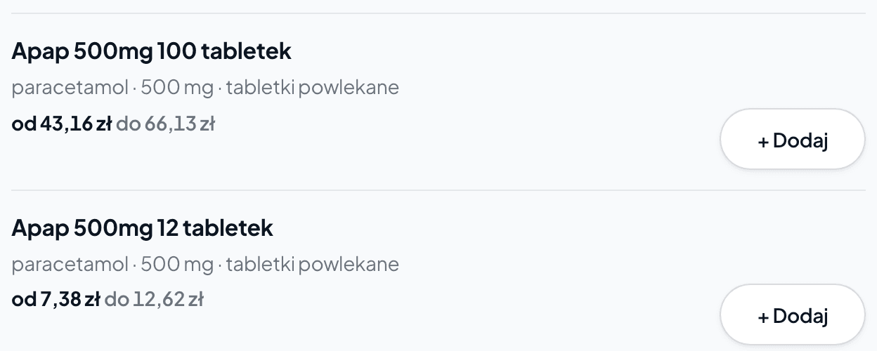 Fragment prawdziwej listy cen z przyciskami Dodaj
