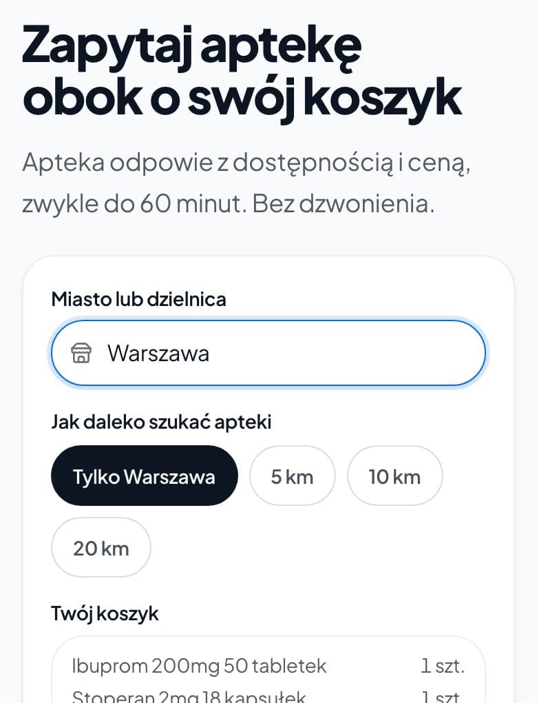 Formularz zapytania do apteki z miastem i koszykiem