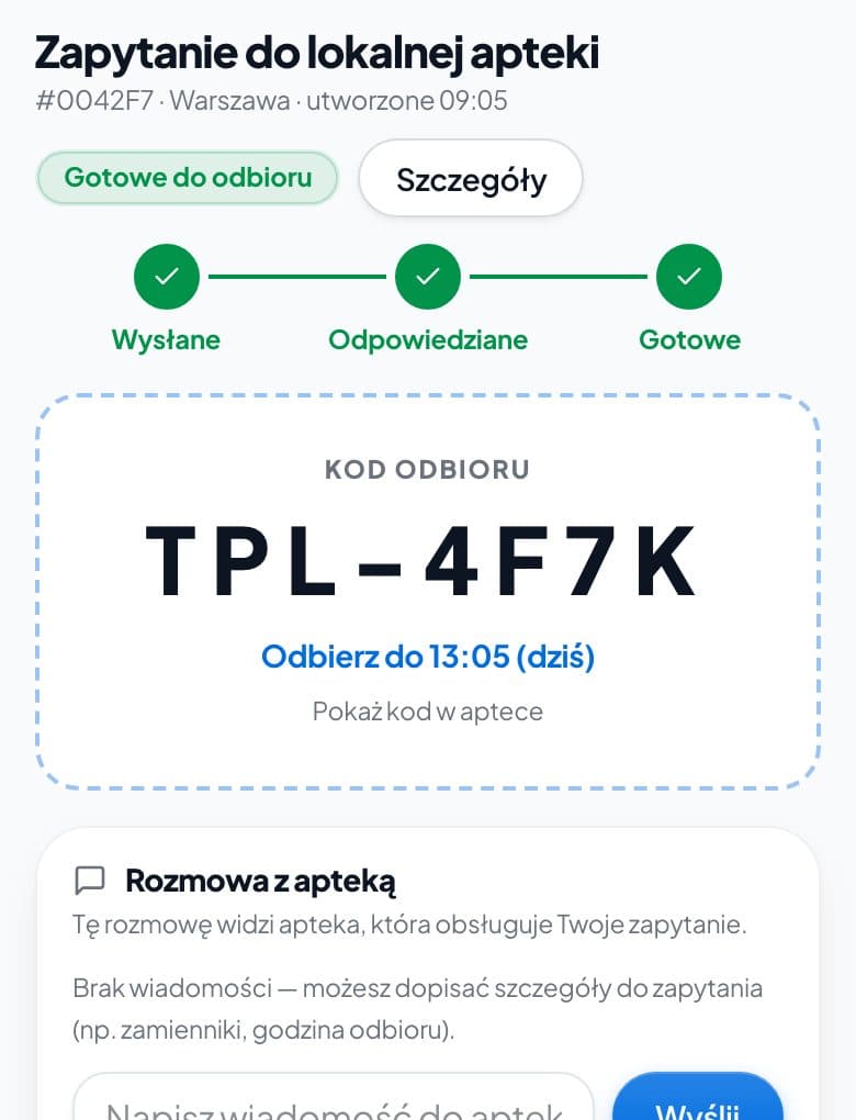 Kod odbioru i godzina, do której czeka rezerwacja